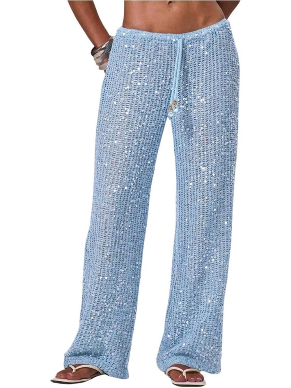 Sequin Crochet Cover-Up Pants for Women - Hollow Out Beach Swimwear Outfit